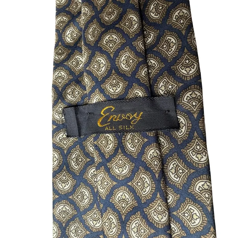 Envoy 100% Pure Silk Tie Navy Gold Crest Foulard Men Vintage
